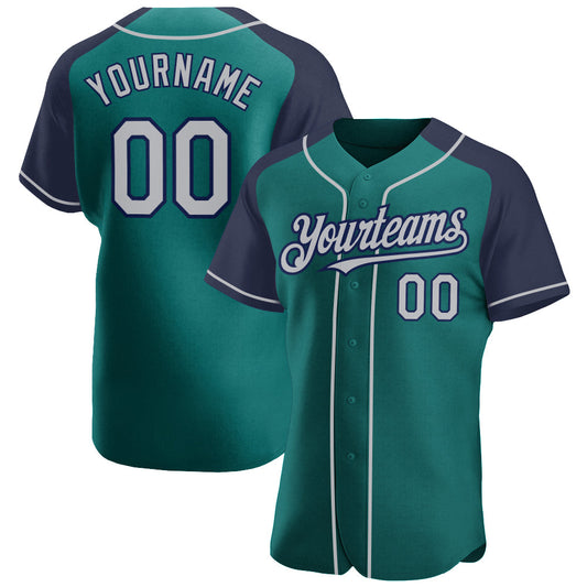 Custom Teal Gray-Navy Authentic Raglan Sleeves Baseball Jersey - Sky-Custom