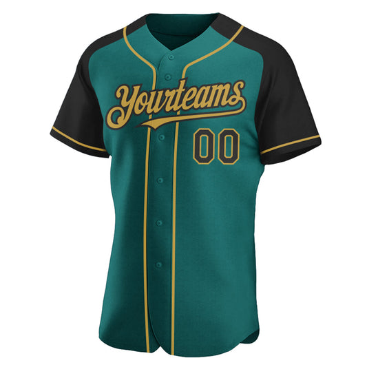 Custom Teal Black-Old Gold Authentic Raglan Sleeves Baseball Jersey - Sky-Custom