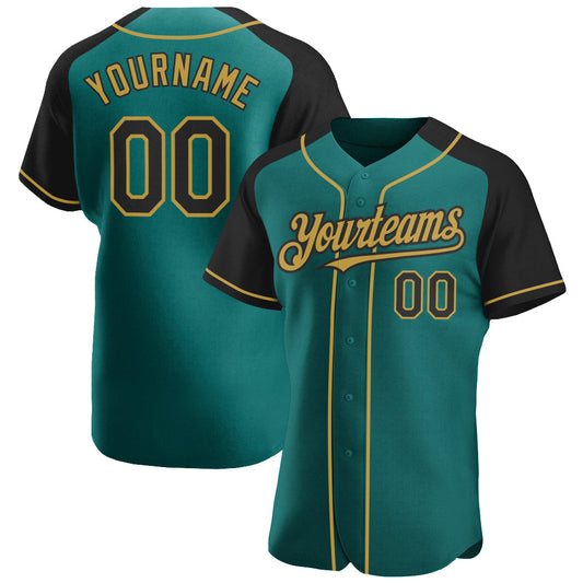 Custom Teal Black-Old Gold Authentic Raglan Sleeves Baseball Jersey - Sky-Custom