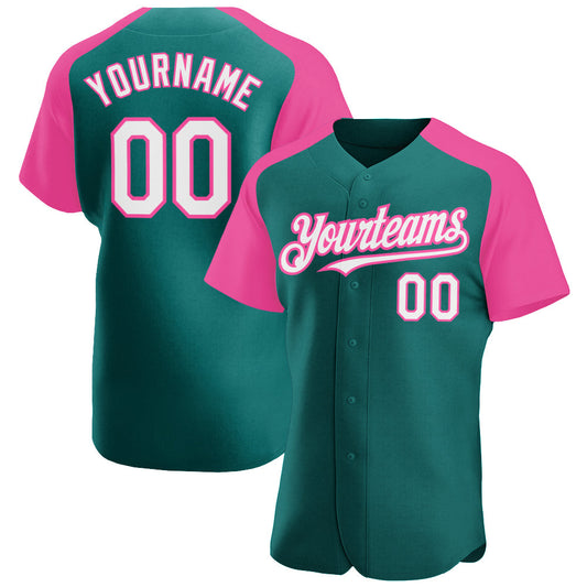 Custom Teal White-Pink Authentic Raglan Sleeves Baseball Jersey - Sky-Custom