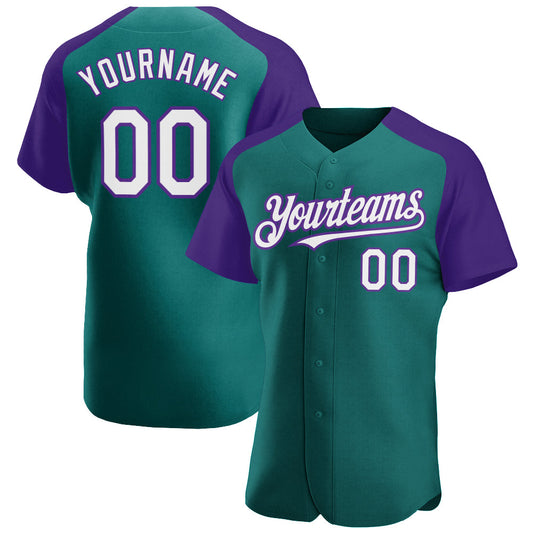 Custom Teal White-Purple Authentic Raglan Sleeves Baseball Jersey - Sky-Custom