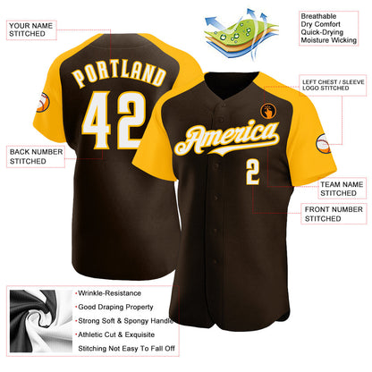 Custom Brown White-Gold Authentic Raglan Sleeves Baseball Jersey - Sky-Custom