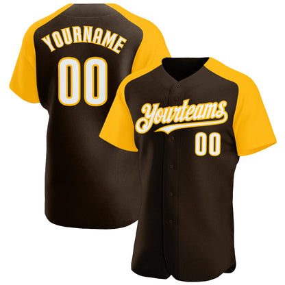 Custom Brown White-Gold Authentic Raglan Sleeves Baseball Jersey - Sky-Custom