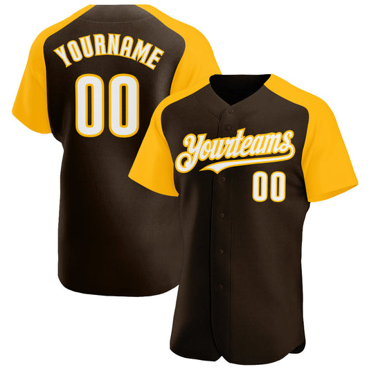 Custom Brown White-Gold Authentic Raglan Sleeves Baseball Jersey - Sky-Custom