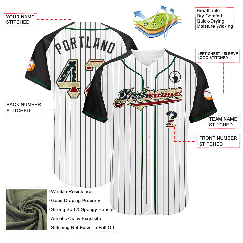 Custom White Black Pinstripe Vintage USA Flag Cream-Green Authentic Raglan Sleeves Baseball Jersey - Sky-Custom