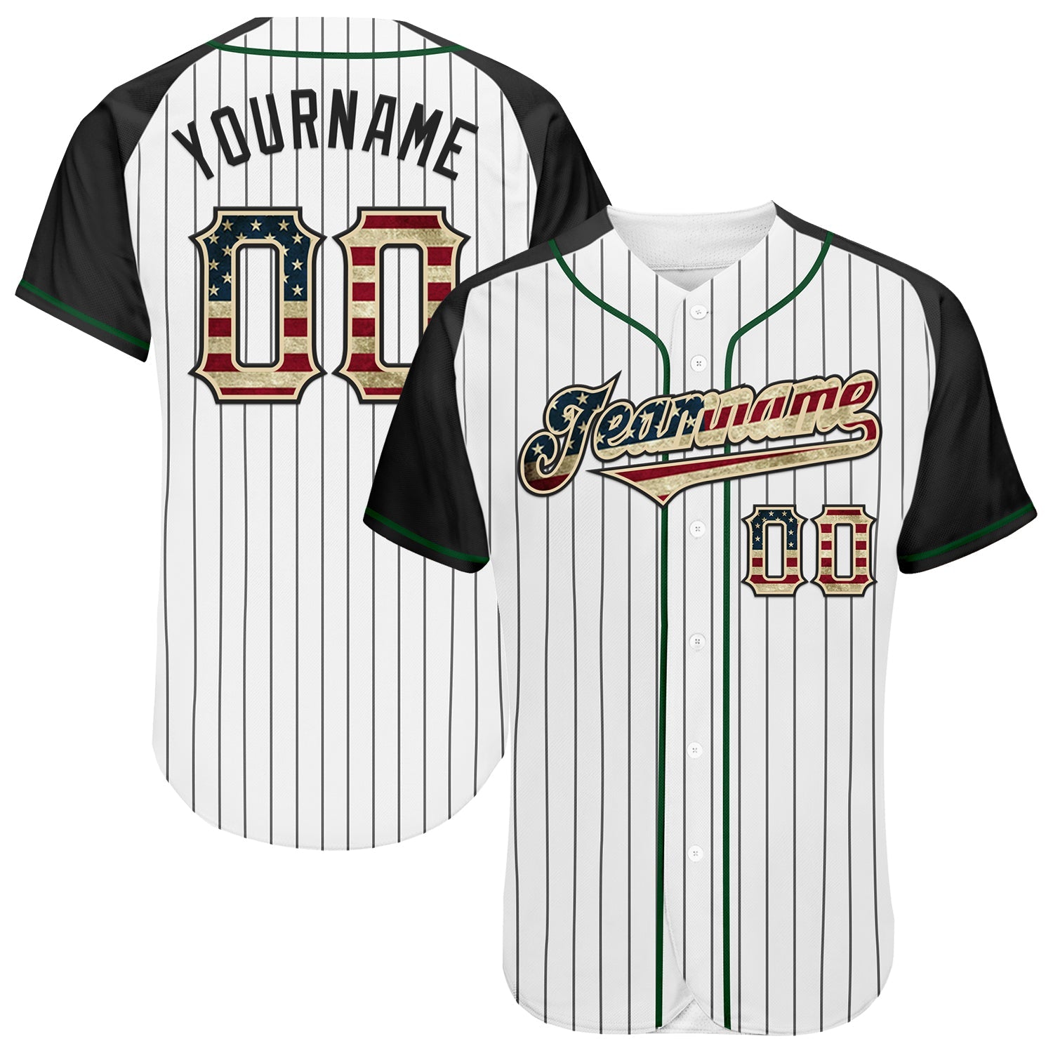 Custom White Black Pinstripe Vintage USA Flag Cream-Green Authentic Raglan Sleeves Baseball Jersey - Sky-Custom