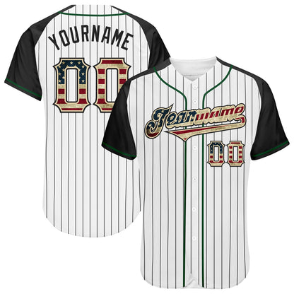 Custom White Black Pinstripe Vintage USA Flag Cream-Green Authentic Raglan Sleeves Baseball Jersey - Sky-Custom