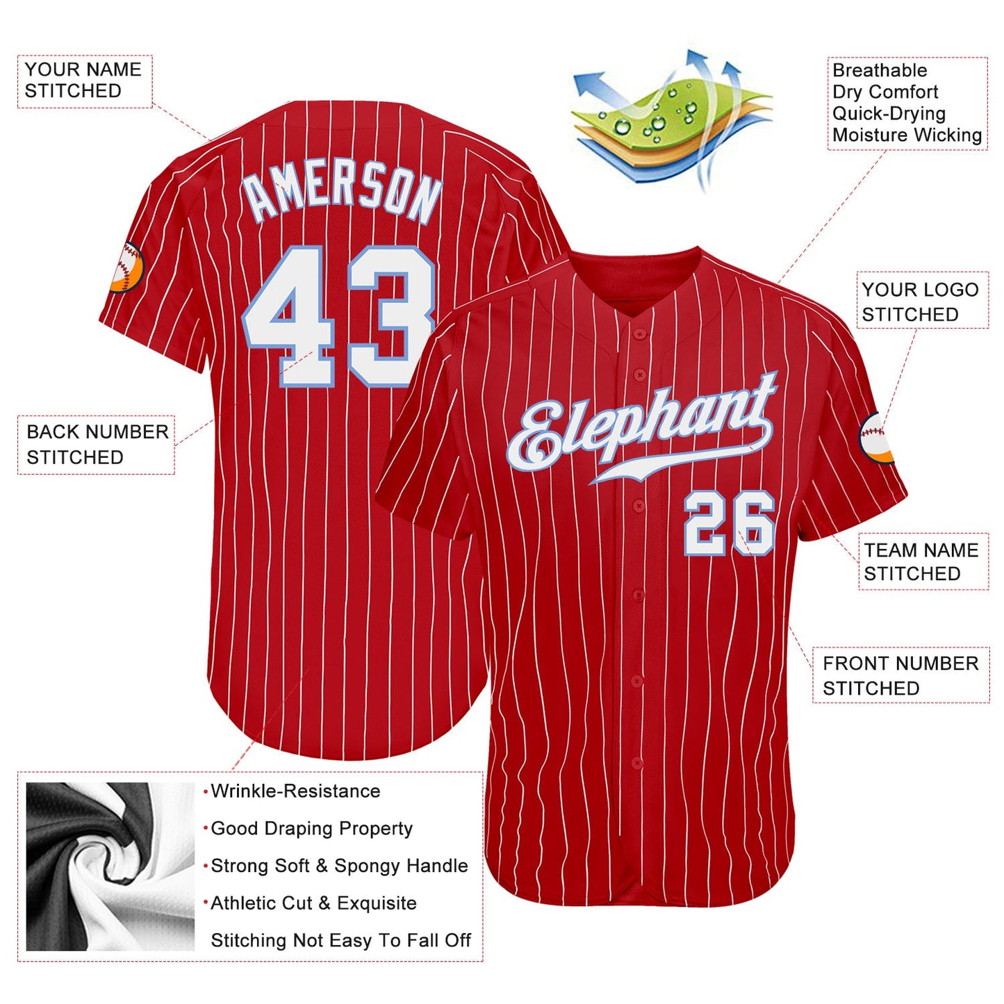 Custom Red White Pinstripe White-Light Blue Authentic Baseball Jersey - Sky-Custom
