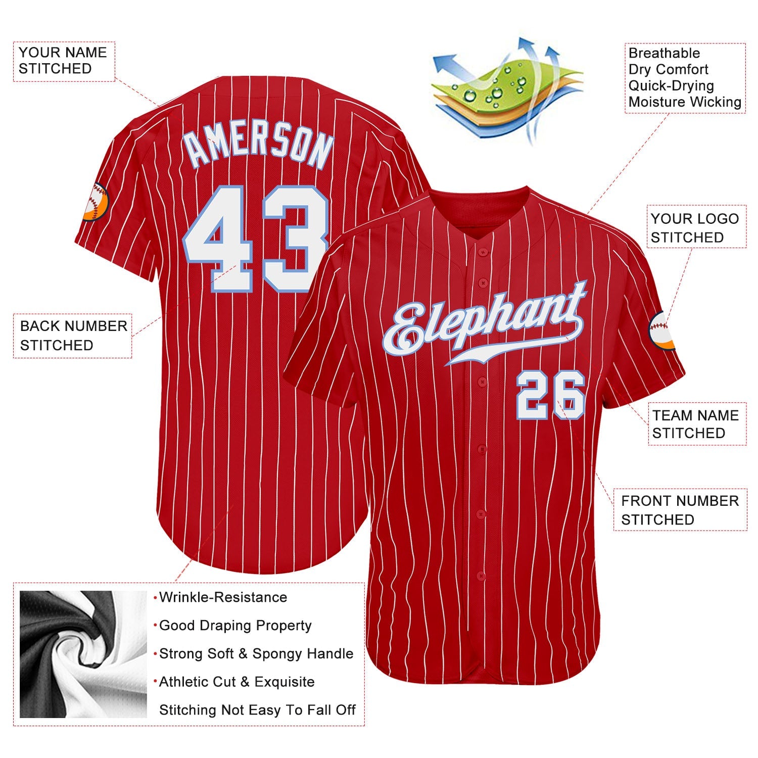 Custom Red White Pinstripe White-Light Blue Authentic Baseball Jersey - Sky-Custom