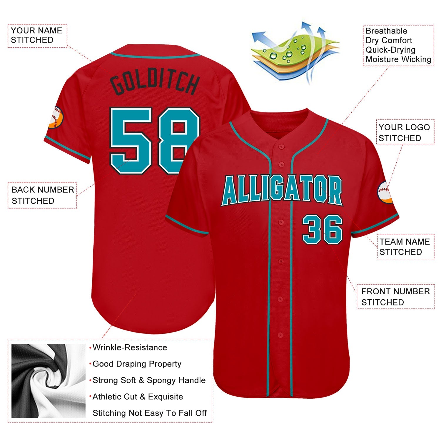 Custom Red Teal-Black Authentic Baseball Jersey - Sky-Custom