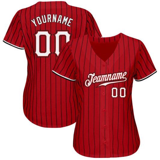 Custom Red Black Pinstripe White-Black Authentic Baseball Jersey - Sky-Custom