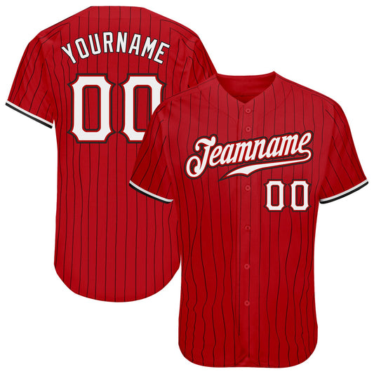 Custom Red Black Pinstripe White-Black Authentic Baseball Jersey - Sky-Custom