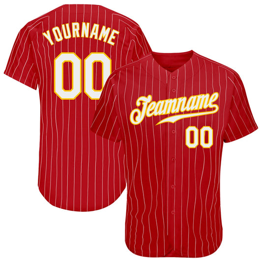 Custom Red Gold Pinstripe White-Gold Authentic Baseball Jersey - Sky-Custom