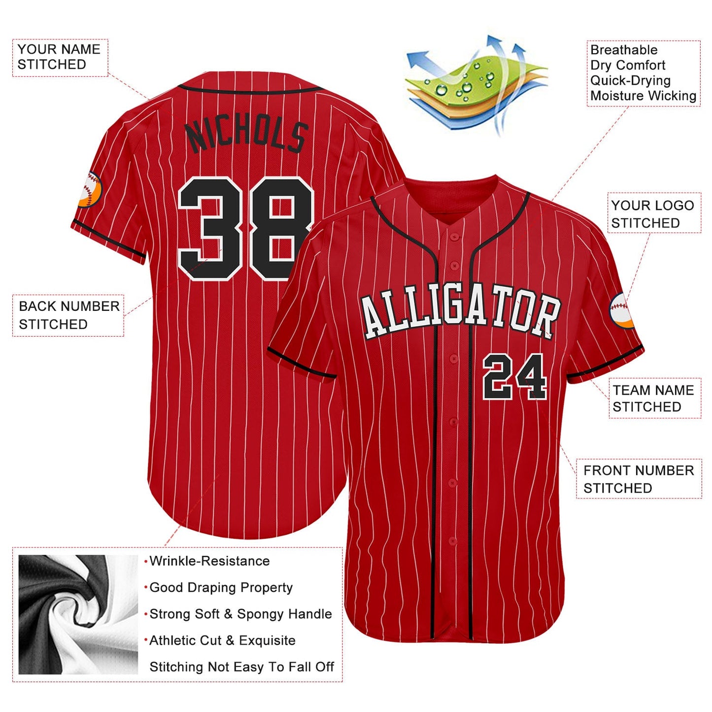 Custom Red White Pinstripe Black-White Authentic Baseball Jersey - Sky-Custom