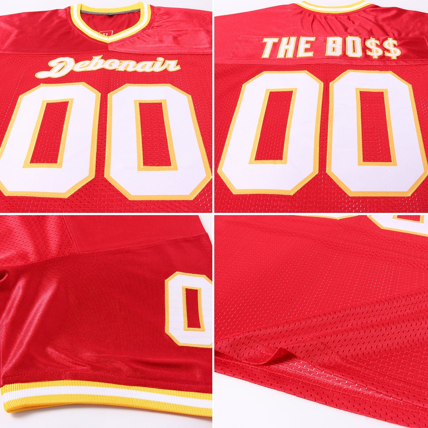 Custom Red White-Gold Mesh Authentic Throwback Football Jersey - Sky-Custom