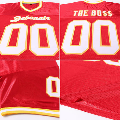 Custom Red White-Gold Mesh Authentic Throwback Football Jersey - Sky-Custom