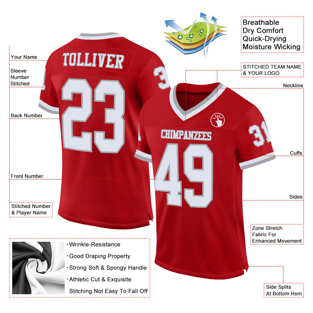 Custom Red White-Gray Mesh Authentic Throwback Football Jersey - Sky-Custom