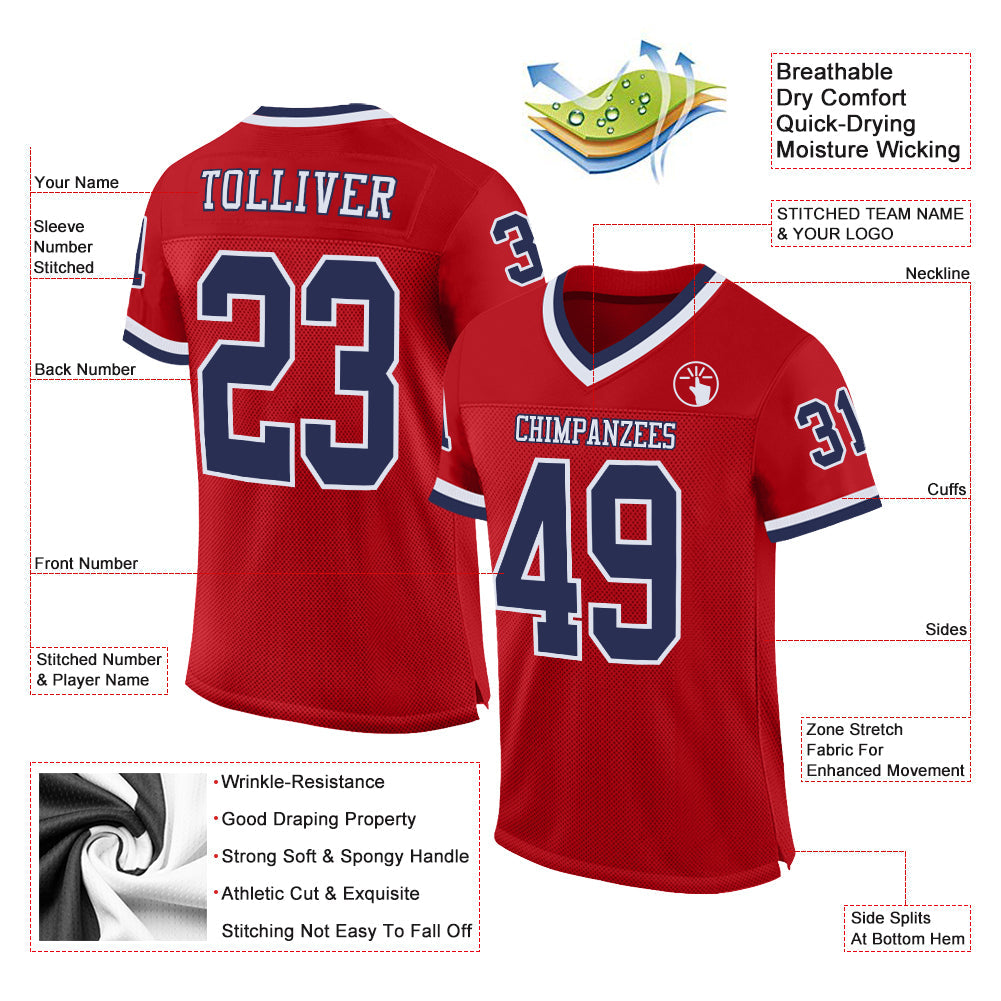 Custom Red Navy-White Mesh Authentic Throwback Football Jersey - Sky-Custom