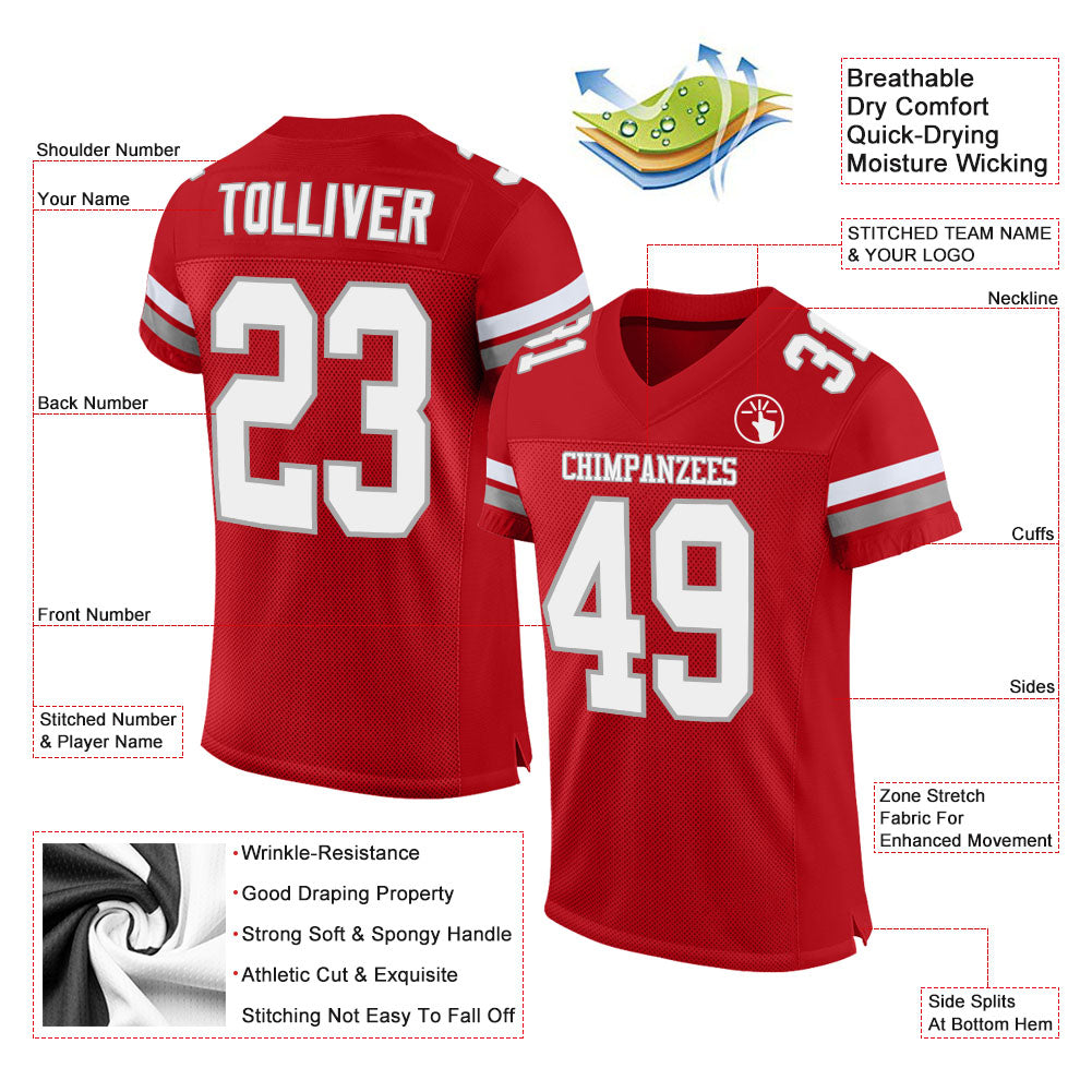 Custom Red White-Gray Mesh Authentic Football Jersey - Sky-Custom