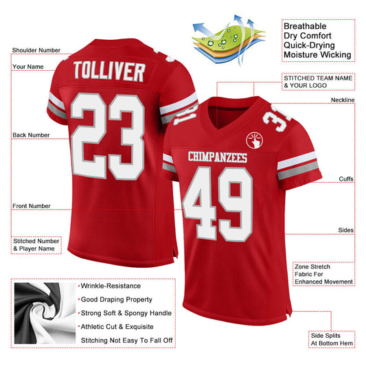 Custom Red White-Gray Mesh Authentic Football Jersey - Sky-Custom