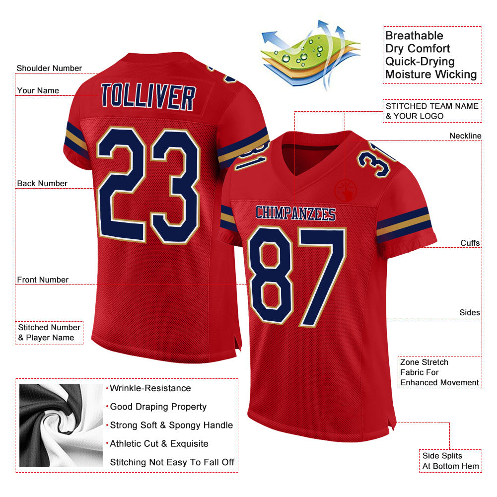 Custom Red Navy-Old Gold Mesh Authentic Football Jersey - Sky-Custom