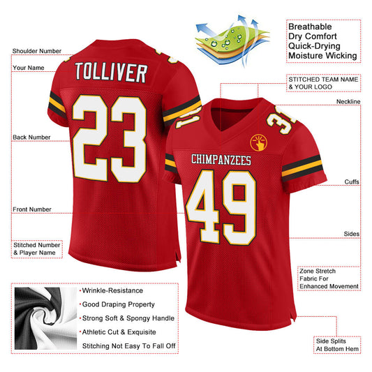Custom Red White-Gold Mesh Authentic Football Jersey - Sky-Custom