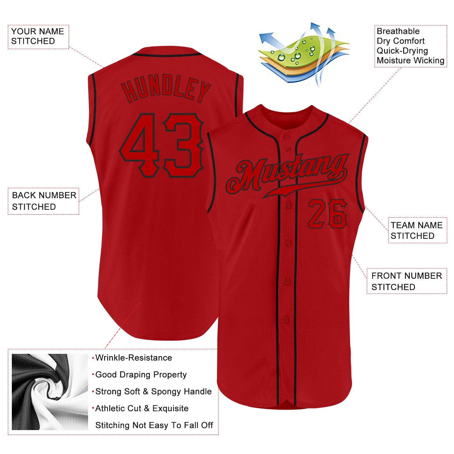 Custom Red Red-Black Authentic Sleeveless Baseball Jersey - Sky-Custom