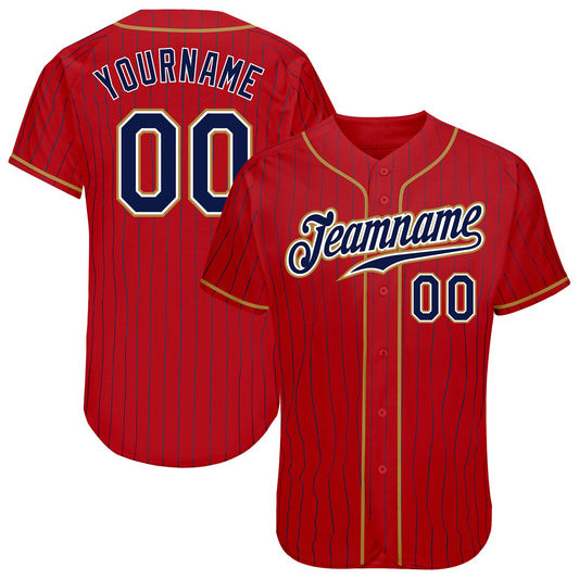 Custom Red Navy Pinstripe Navy-Old Gold Authentic Baseball Jersey - Sky-Custom