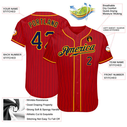 Custom Red Navy Pinstripe Navy-Gold Authentic Baseball Jersey - Sky-Custom