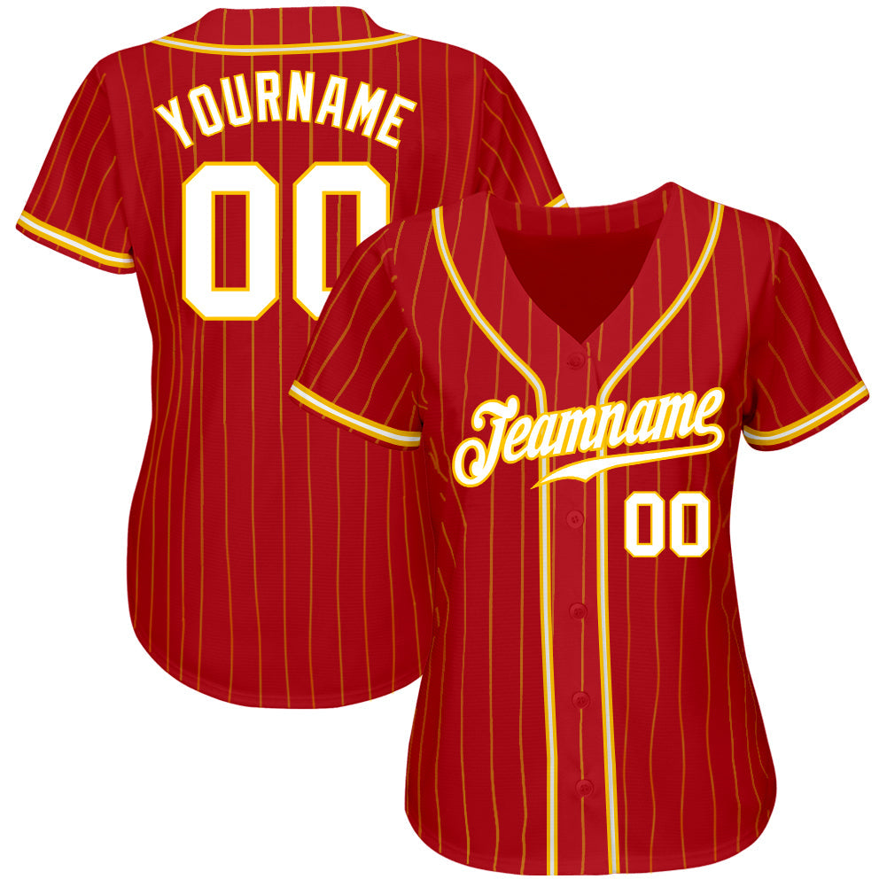Custom Red Gold Pinstripe White-Gold Authentic Baseball Jersey - Sky-Custom