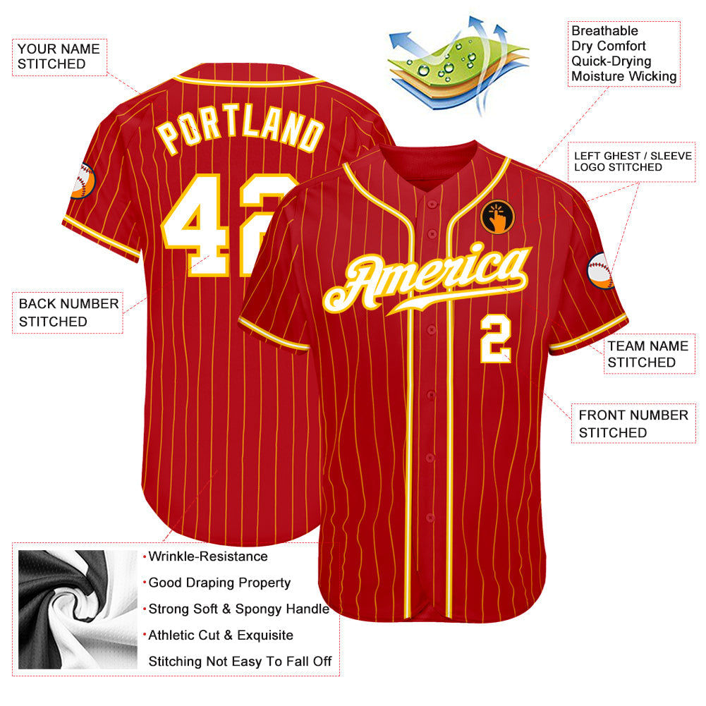 Custom Red Gold Pinstripe White-Gold Authentic Baseball Jersey - Sky-Custom