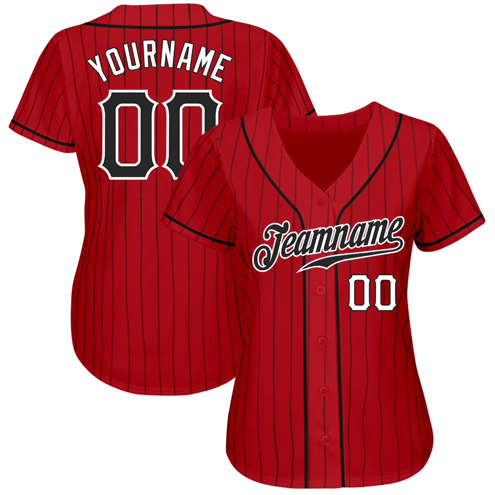 Custom Red Black Pinstripe Black-White Authentic Baseball Jersey - Sky-Custom