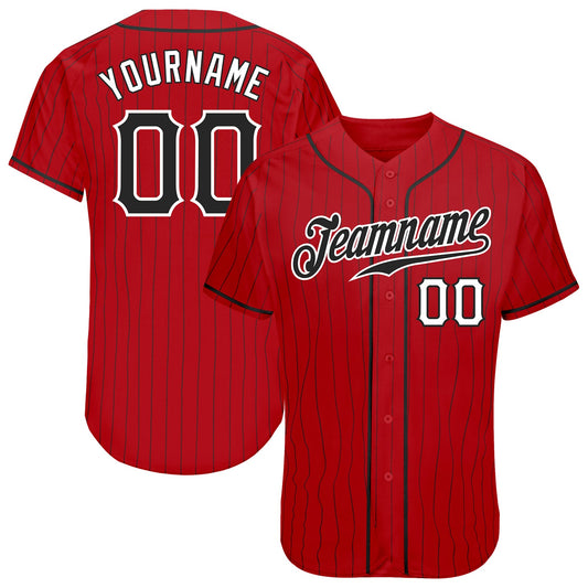 Custom Red Black Pinstripe Black-White Authentic Baseball Jersey - Sky-Custom