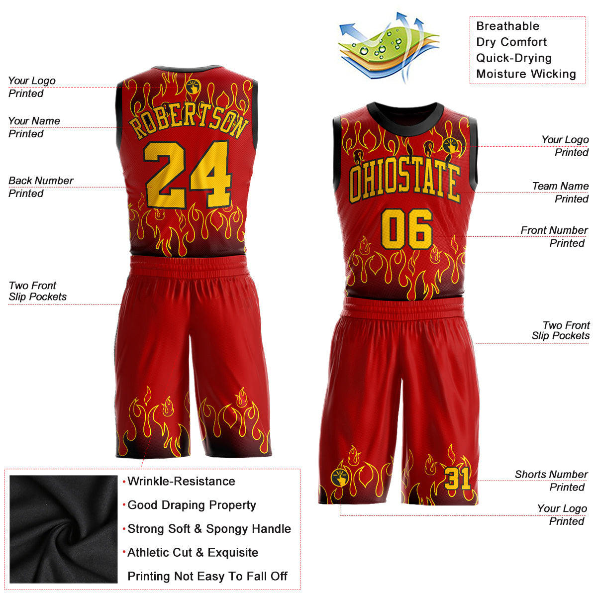Custom Red Gold-Black Flame Round Neck Sublimation Basketball Suit Jersey - Sky-Custom