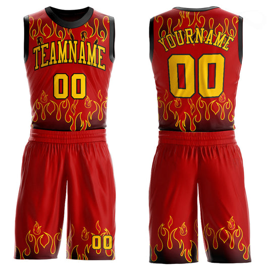 Custom Red Gold-Black Flame Round Neck Sublimation Basketball Suit Jersey - Sky-Custom