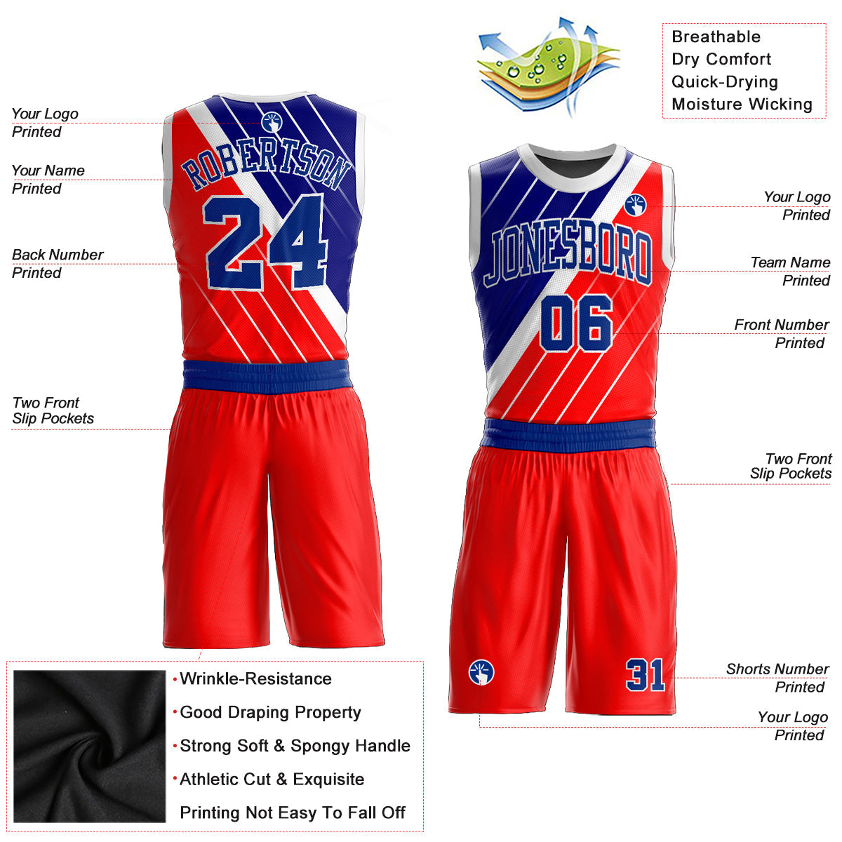 Custom Red Royal-White Round Neck Sublimation Basketball Suit Jersey - Sky-Custom