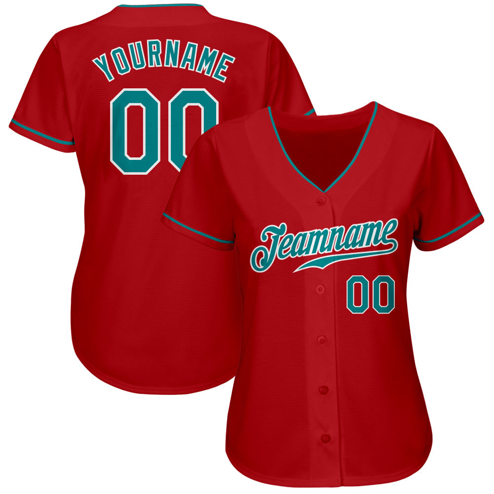 Custom Red Teal-White Authentic Baseball Jersey - Sky-Custom