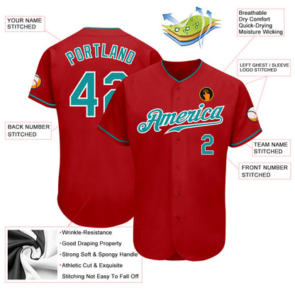 Custom Red Teal-White Authentic Baseball Jersey - Sky-Custom