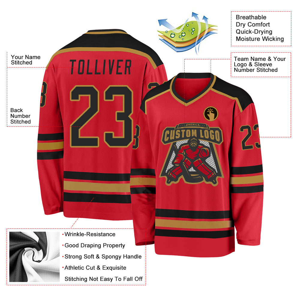 Custom Red Black-Old Gold Hockey Jersey - Sky-Custom