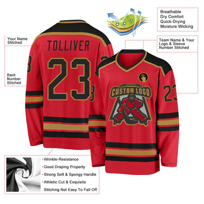 Custom Red Black-Old Gold Hockey Jersey - Sky-Custom