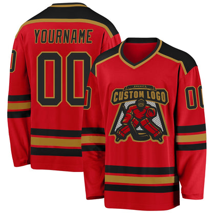 Custom Red Black-Old Gold Hockey Jersey - Sky-Custom