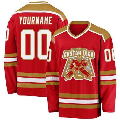 Custom Red White-Old Gold Hockey Jersey - Sky-Custom