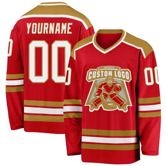 Custom Red White-Old Gold Hockey Jersey - Sky-Custom