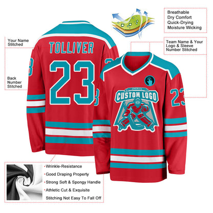 Custom Red Teal-White Hockey Jersey - Sky-Custom
