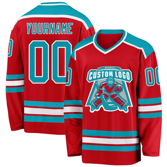 Custom Red Teal-White Hockey Jersey - Sky-Custom