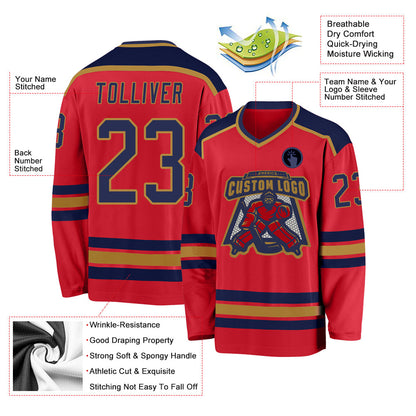 Custom Red Navy-Old Gold Hockey Jersey - Sky-Custom