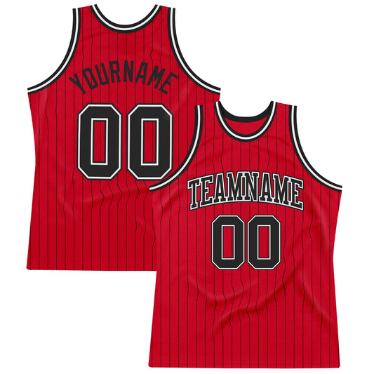 Custom Red Black Pinstripe Black-White Authentic Basketball Jersey - Sky-Custom
