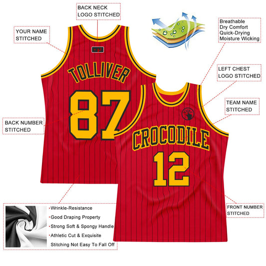 Custom Red Black Pinstripe Gold-Black Authentic Basketball Jersey - Sky-Custom