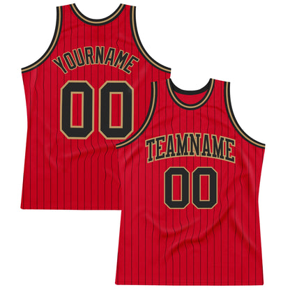 Custom Red Black Pinstripe Black-Old Gold Authentic Basketball Jersey - Sky-Custom