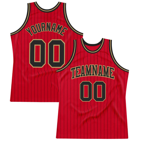Custom Red Black Pinstripe Black-Old Gold Authentic Basketball Jersey - Sky-Custom